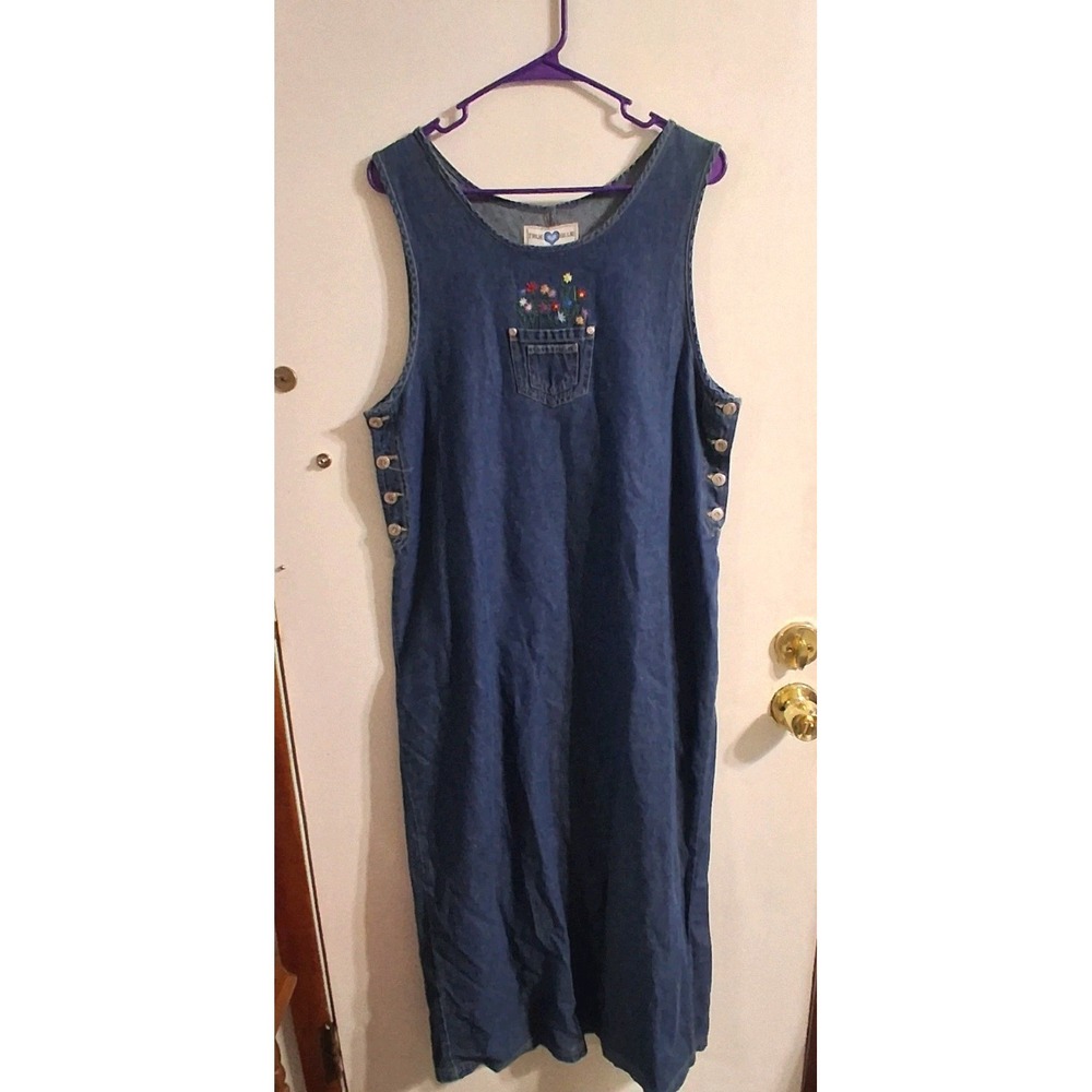 Vintage 90s Y2k Floral Cottagecore Embroidered‎ Denim Jumper Dress M EUC